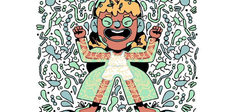 Germs and dirt around a playful child illustrated