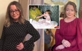 Rhiannon Morgan pictured in a polka dot dress, and a pink dress. In the middle there is a photo of her as a baby, having skin calming lotion applied